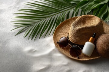 Summer accessories including a straw hat, sunglasses, coconut, and sunscreen bottle arranged on a sandy surface with tropical palm leaves creating a relaxing beach atmosphere