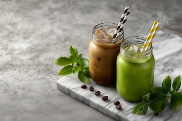 Two refreshing beverages in glass jars, one iced coffee and one matcha latte, garnished with fresh herbs and decorative straws on a marble surface