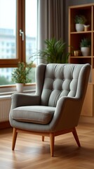 Stylish gray armchair with tufted upholstery positioned near a window, surrounded by indoor plants and wooden furniture, creating a cozy living space atmosphere
