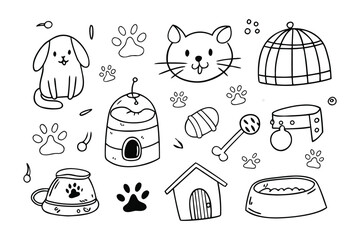 Sketchbook of Pet Essentials: A charming monochrome illustration, featuring essential items for pet care and well-being, evoking a sense of simplicity and fondness
