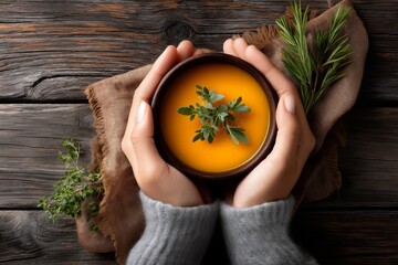 Hands holding a bowl of vibrant orange soup garnished with fresh herbs, resting on a rustic wooden table with natural textures and warm ambiance, evoking comfort and nourishment