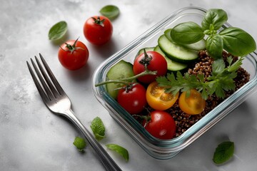 Fresh salad with cherry tomatoes, cucumber slices, and herbs in a glass container, showcasing vibrant colors and healthy ingredients for nutritious meal preparation