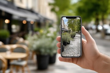 Hand holding smartphone displaying a scenic view of a cobblestone pathway lined with greenery, showcasing outdoor dining ambiance and urban lifestyle in a vibrant setting