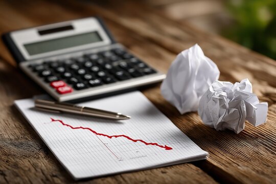 Calculator and crumpled paper on wooden desk, with graph showing declining trend, reflecting financial analysis and decision-making challenges in business environment