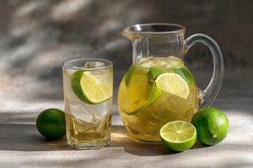 Refreshing beverage in a glass and pitcher, garnished with lime slices, surrounded by whole limes, showcasing a vibrant and inviting drink setup with natural lighting