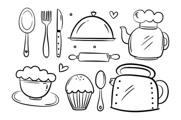 Culinary essentials: A line art illustration showcases a collection of kitchen utensils and food items, perfect for cooking, baking, and culinary creation.