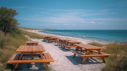 Coastal picnic tables on sandy beach