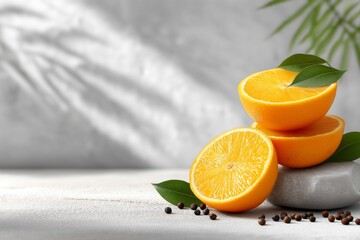 Fresh oranges stacked on smooth stones with green leaves, showcasing vibrant colors and textures against a softly blurred background, creating a refreshing and inviting atmosphere