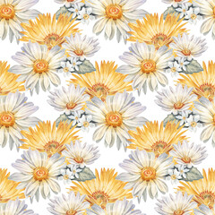Watercolor seamless pattern with bouquet chamomile isolated on white background. Hand-drawn summer bloom flower chrysanthemum or daisy for card. Wedding invite. Wallpaper or wrapping or textile