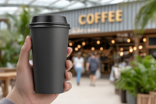 Hand holding a black coffee cup in a modern cafe setting with blurred background of customers and greenery, showcasing a vibrant coffee culture experience