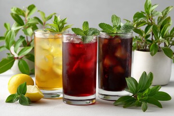Refreshing beverages in clear glasses, featuring iced tea, lemonade, and dark soda, garnished with mint leaves, surrounded by fresh herbs and lemon slices, showcasing vibrant colors and textures