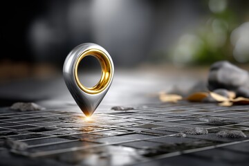 3D illustration of a metallic location pin with a golden ring, placed on a textured surface, surrounded by smooth stones and a blurred natural background, symbolizing navigation and direction
