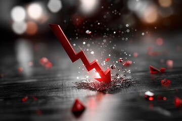 Red downward arrow symbolizing financial decline, surrounded by sparkling debris and geometric shapes, set against a blurred background with soft bokeh lights, illustrating market downturn concept