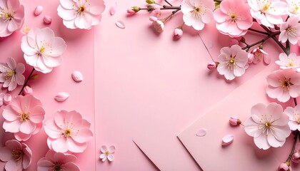Delicate pink cherry blossoms arranged on a pastel background