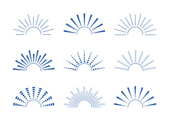 Minimalist half sunset, sunrise, fireworks design. Simple starburst logo, summer symbol, vector icons