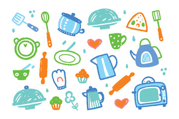 Kitchen Utensils Illustration: A whimsical collection of kitchen essentials, brightly illustrated in a charming hand-drawn style, offers a playful visual feast for cooking enthusiasts.