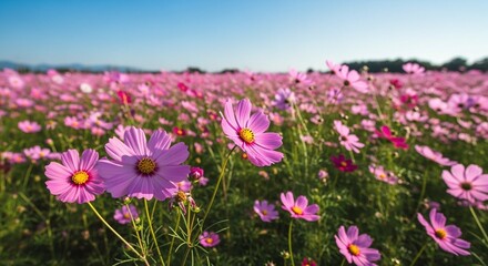 Obraz premium Vast field of pink cosmos flowers blooming under a clear blue sky with distant mountains.