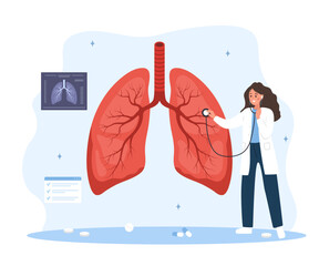 Pulmonologist concept. Medical check up. Female Doctor listening to big realistic lungs with stethoscope. Flat Vector illustration.