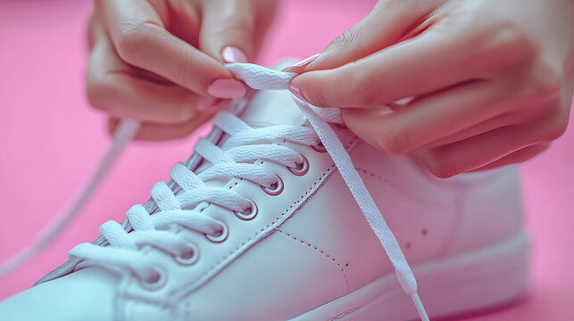 Woman tying shoelaces on white sneakers on pink background