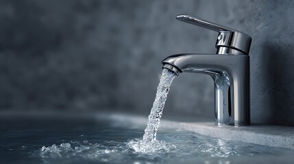 Sleek faucet over modern sink with flowing water captured mid-air