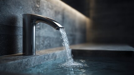 Sleek faucet over modern sink with flowing water captured mid-air