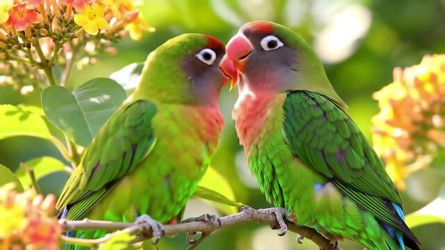 Pair of colorful lovebirds perched on a branch surrounded by blooms.