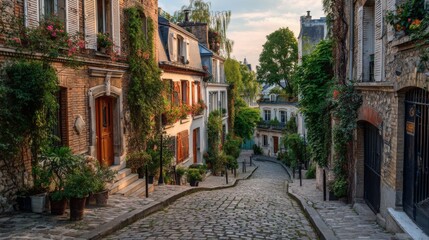 Charming cobblestone street in Montmartre, Paris, lined with vibrant flowers during golden hour