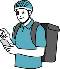 スマホを見ているフード配達員の男性