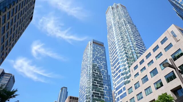 Panoramic view of modern skyscrapers made of glass. Camera movement from bottom to top, rotation, then from top to bottom. Blue sky. Evening, no people