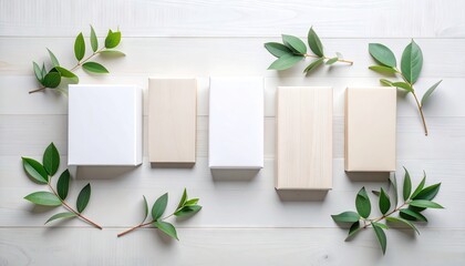 Zero Waste Packaging Samples Arranged On White Wooden Surface With Green Leaves