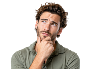 Moment of contemplation: A portrait of a thoughtful individual, gazing upwards with a contemplative expression, his hand gently touching his chin in a moment of deep thought.