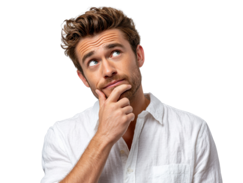 A Thoughtful Gaze: A man lost in deep thought, finger resting gently on his chin as his eyes drift upward in a moment of contemplation. His expression conveys a sense of introspection.