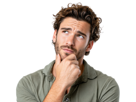 Moment of contemplation: A portrait of a thoughtful individual, gazing upwards with a contemplative expression, his hand gently touching his chin in a moment of deep thought.