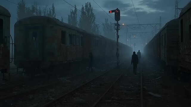 Foggy train yard at dusk with mysterious figures walking