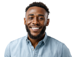 Joyful man smiling portrait: A close-up shot of a handsome, dark-skinned man beaming with genuine happiness, showcasing a warm, friendly smile, expressing joy, and radiating positive energy