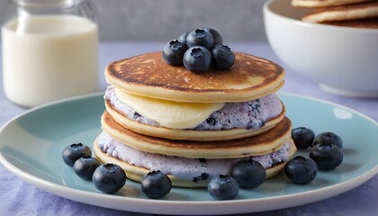 blueberry ice cream pancake sandwiches on a plate