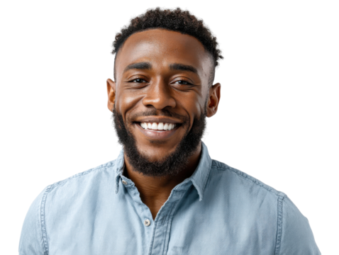 Joyful man smiling portrait: A close-up shot of a handsome, dark-skinned man beaming with genuine happiness, showcasing a warm, friendly smile, expressing joy, and radiating positive energy