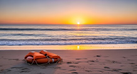 Obraz premium Serene Sunset Beach with Life Preservers - Two orange life preservers rest on a sandy beach at sunset, ocean waves gently lapping the shore. Peaceful and tranquil scene