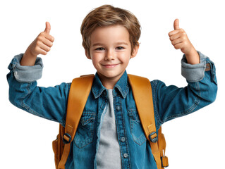 Boy with Backpack Giving Thumbs Up: A cheerful boy with a backpack enthusiastically flashes a double thumbs-up, radiating positivity and anticipation for school or a new adventure.