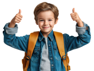 Boy with Backpack Giving Thumbs Up: A cheerful boy with a backpack enthusiastically flashes a double thumbs-up, radiating positivity and anticipation for school or a new adventure.