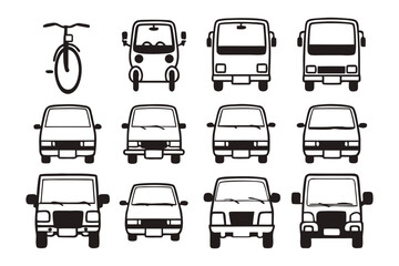 Vehicular Variety: An array of diverse vehicles showcased in a clean, artistic manner, each rendering a front view perspective and portraying various forms of transportation