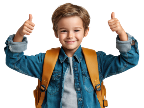 Boy with Backpack Giving Thumbs Up: A cheerful boy with a backpack enthusiastically flashes a double thumbs-up, radiating positivity and anticipation for school or a new adventure.