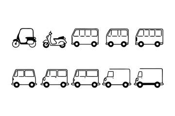 Transportation Collection: A stylized arrangement of various vehicle outlines, ideal for illustrating travel, movement, and transport concepts in an organized layout.