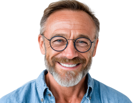 Mature Smiling Man: A close-up shot of a mature man with a warm smile, wearing glasses, radiating confidence, experience, and happiness.