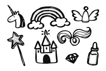 Magical Doodles: A collection of charming hand-drawn doodles, including a unicorn, rainbow, star wand, and castle, perfect for adding a touch of whimsy and enchantment to any project. 
