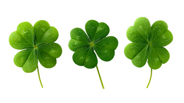 Three Green Four Leaf Clovers with Water Droplets on Transparent Background, PNG