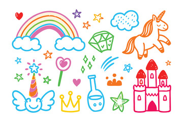 Fototapeta premium Whimsical Universe of Dreams: A collection of hand-drawn elements come together in a colorful illustration. A delightful assortment of dreamy imagery, perfect for evoking imagination and wonder.