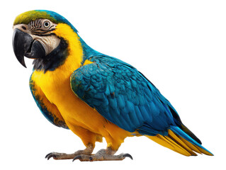 Fototapeta premium Colorful Parrot Profile: A vibrant, blue-and-yellow macaw parrot showcases its stunning plumage, sharp beak, and attentive gaze in a studio shot.