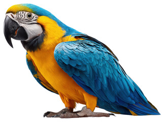 Fototapeta premium Colorful Macaw in Profile: A vibrant macaw, with striking blue and gold plumage, strikes a captivating pose, showcasing its beauty and allure in a dynamic portrait.