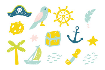 Treasure Island Elements: A whimsical assortment of illustrated pirate-themed elements, featuring a playful parrot, a treasure chest, and a ship's wheel.